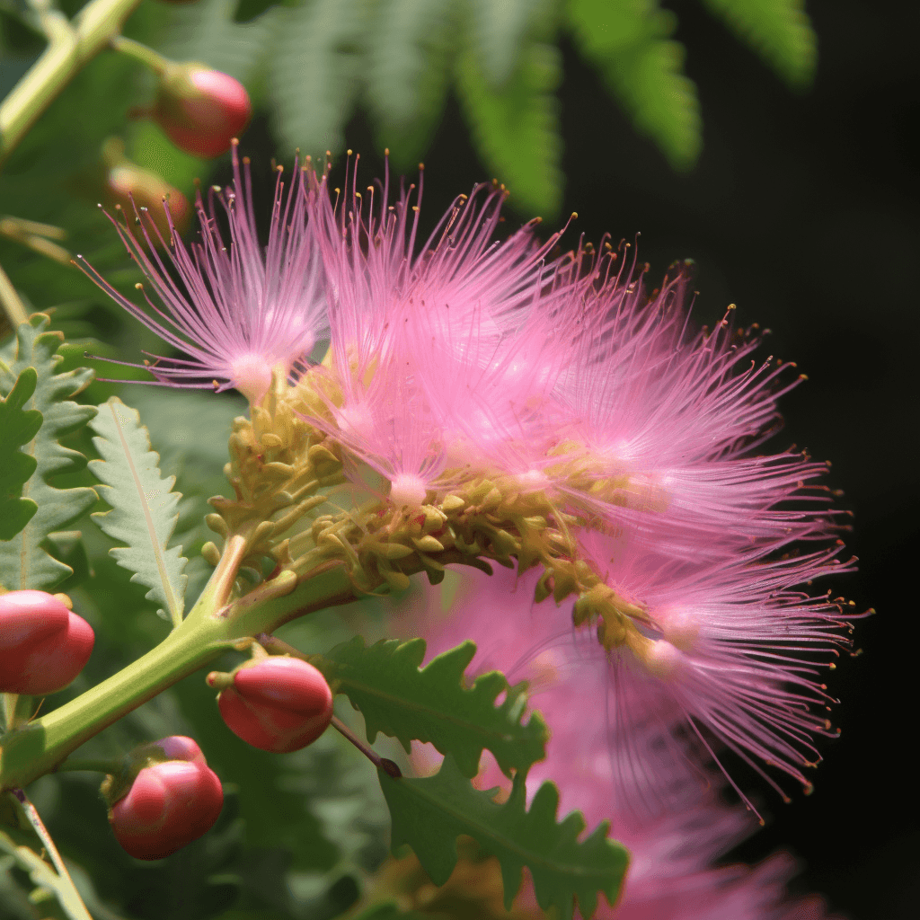 Image of Albizzia Flower (He Huan Hua) highlighting its neuroprotective effects, learning and memory enhancement, anti-depressant and anti-obesity activities; polyphenolics exhibit antioxidant actions counteracting oxidative damage.