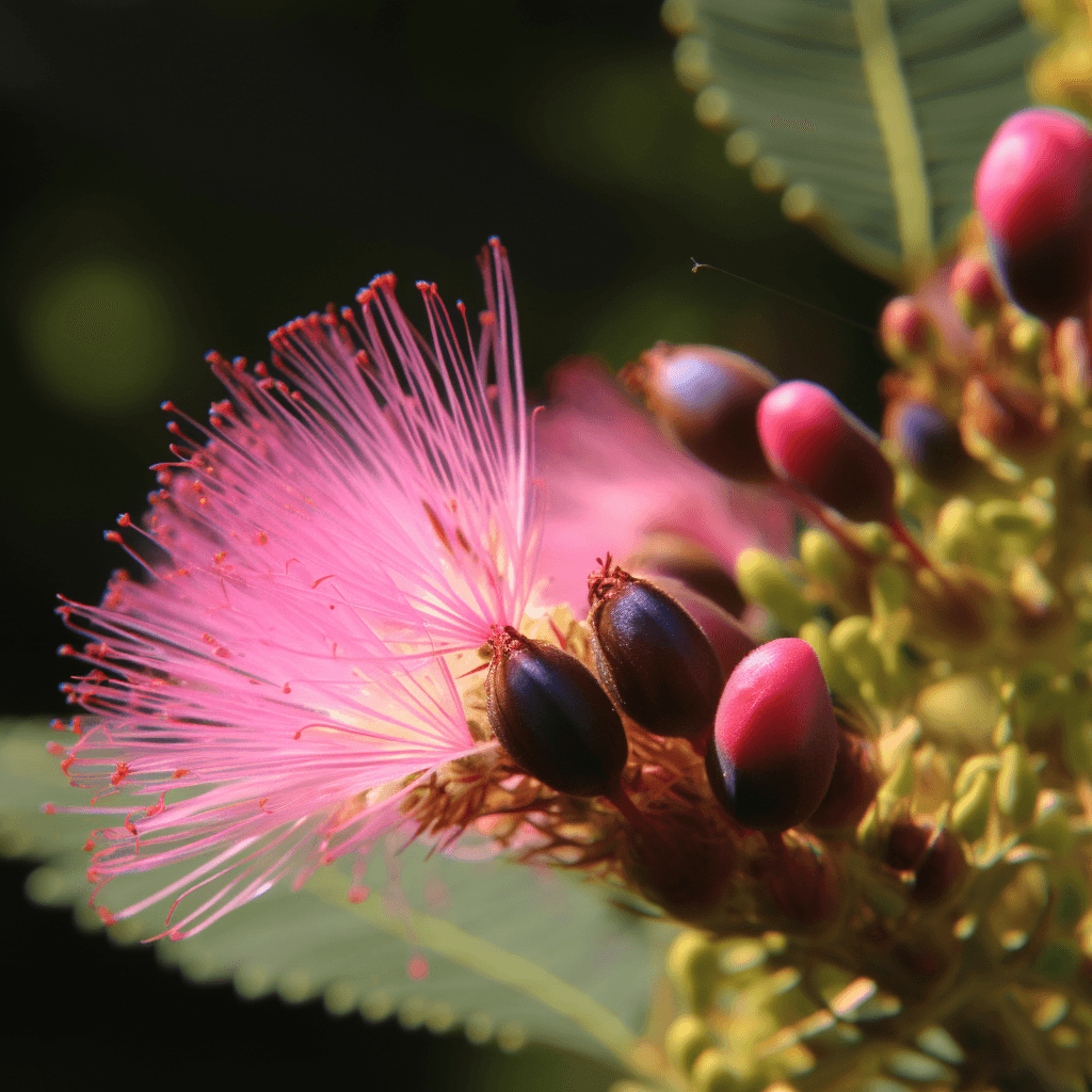 Image of Albizzia Julibrissin (He Huan Pi) showcasing its anti-tumor, antioxidant, anti-depressant, anxiolytic, anti-inflammatory effects, and ability to invigorate blood circulation and reduce anxiety.
