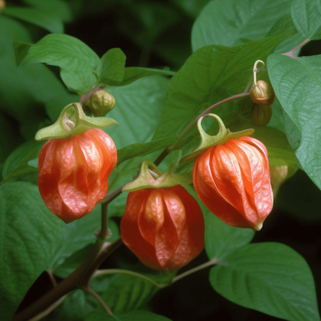 Image of Ashwagandha (Withania somnifera) plant showing fruit and leaves, highlighting benefits: antistress, antioxidant, anti-inflammatory, immune support, cognitive enhancement, neuroprotective, rejuvenating effects.